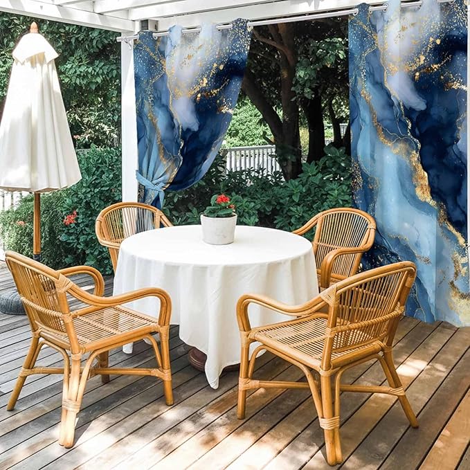 Marble Texture Outdoor Curtains for Patio Abstract Gradient Blue Golden Gorgeous Waterproof Outside Curtains with Grommet Top Weatherproof Curtain for Cabana Pergola Gazebo, 2 Pack, 54" W x 108" L