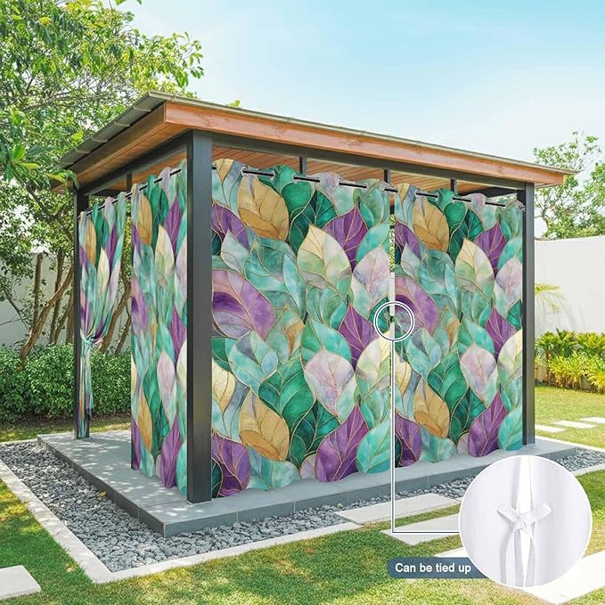Leaves Outdoor Curtains for Patio Gorgeous Leaf Abstract Spring Waterproof Outside Curtains with Grommet Top Weatherproof Curtain for Cabana Pergola Gazebo, 2 Pack, 54" W x 108" L