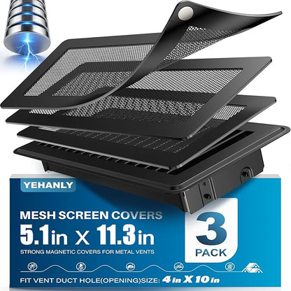 Magnetic Vent Covers with Vent Screen 5.1x11.3 Inch, Black Mesh Vent Covers for Floor, Wall, Ceiling Air Vents to Block Dust, Pet Hair, Fits Standard HVAC Floor Registers in Home, RV, 3 Pack