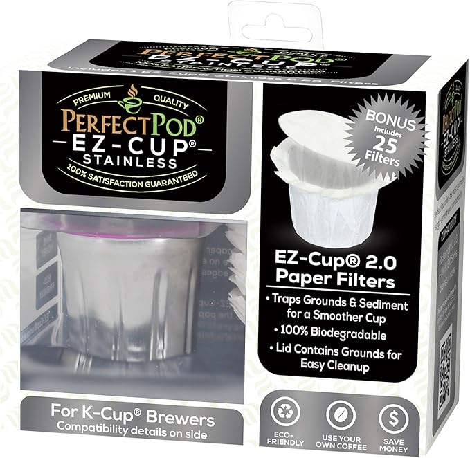 EZ-Cup Stainless Steel 1-Stream Reusable K Cup Coffee Pod for Keurig + 25 Disposable Paper Filters - Refillable Capsule Compatible with Keurig and Other Select Coffee Makers (Pack of 2)