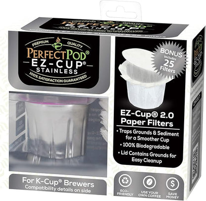EZ-Cup Stainless Steel 1-Stream Reusable K Cup Coffee Pod for Keurig + 25 Disposable Paper Filters - Refillable Capsule Compatible with Keurig and Other Select Coffee Makers (Pack of 2)