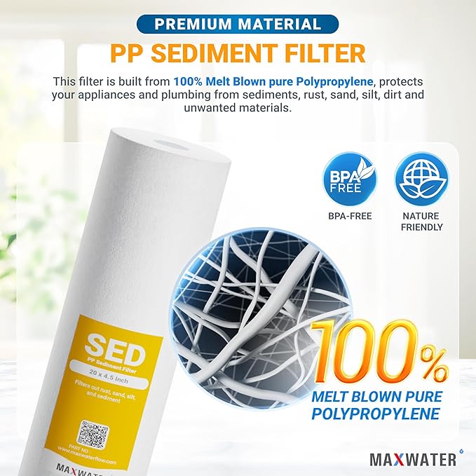 Max Water 1 Micron 20 x 4.5 Sediment Water Filter Cartridge - Whole House Water Filter Replacement Cartridge for Well Water System Compatible with DGD-5005-20, FP25B, AP810-2, FPMB5-20, 2-Pack