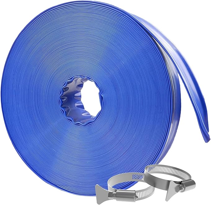 Poolvio Backwash Hose 2" x 100 ft, Blue Lay-Flat PVC Drain Hose with 2 Stainless Steel Thumb Screw Clamps, Tear-Resistant & Leak-Free for Swimming Pool Filter Cleaning, Flooded Area, Pond Draining