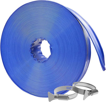 Poolvio Backwash Hose 2" x 100 ft, Blue Lay-Flat PVC Drain Hose with 2 Stainless Steel Thumb Screw Clamps, Tear-Resistant & Leak-Free for Swimming Pool Filter Cleaning, Flooded Area, Pond Draining