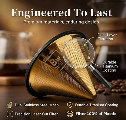 Barista Warrior Compatible with Hario V60 Pour Over Coffee Filters - Reusable Stainless Steel - Best Coffee Maker and Bar Accessories (Gold Titanium Coated)
