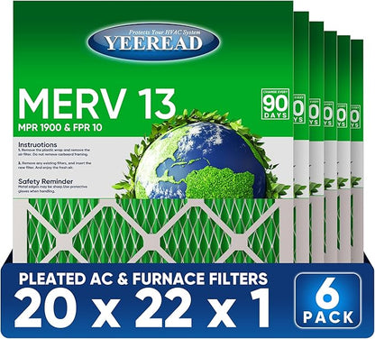 20X22x1 MERV 13 Air Filters, 6-Pack, Actual Size: 19.70" x 21.70" x 0.75", Pleated Design with Enhanced Filter Media for Superior Filtration,Perfect for HVAC, AC & Furnace Systems