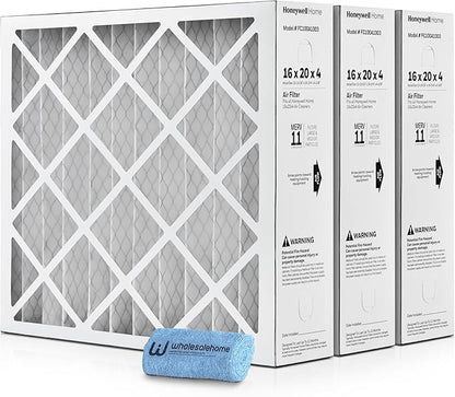 16x20x4 Air Filter Replacement MERV 11, FC100A1003 Pleated HVAC AC Furnace Filters with Wholesalehome Cleaning Cloth, 3-Pack (Actual Size: 15.94 x 19.75 x 4.38 Inches)