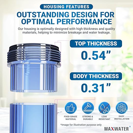 Max Water Whole House Water Filter Housing, Fits 20" x4.5" Big Filter Blue Pre-Filtration System for Well and City Water, 1 inch NPT Ports with Wrench and Bracket (Clear Housing)