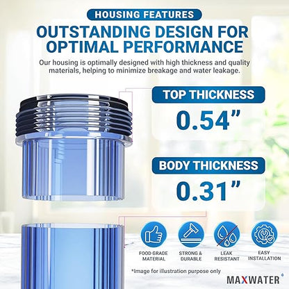 Max Water Whole House Water Filter Housing, Fits 20" x4.5" Big Filter Blue Pre-Filtration System for Well and City Water, 1 inch NPT Ports with Wrench and Bracket (Clear Housing)