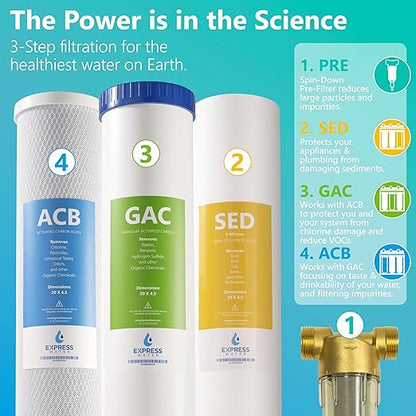 Express Water Whole House Water Filter System | ESSENTIAL | 3 Stage Whole Home Filter, Top-Tier Filters Produce Overachieving H2O, Significantly Reduces Chlorine & Sulfur Smell/Taste, Healtheir Skin