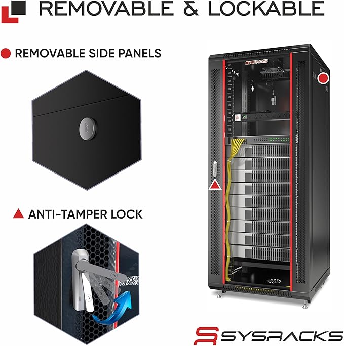 Sysracks 22U Wall Mount Server Rack Cabinet, 19” Locking Network Rack, 24” Deep, Glass Door, with Fan, PDU and Shelf