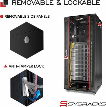 Sysracks 27U Wall Mount Server Rack Cabinet, 19” Locking Network Rack, 24” Deep, Glass Door, with Fan, PDU and Shelf
