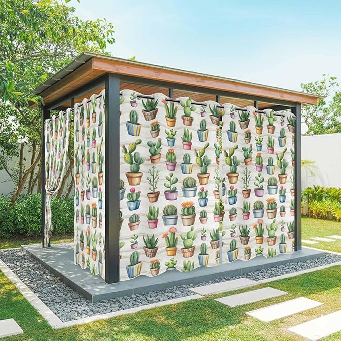 Summer Cactus Outdoor Curtains for Patio Cactus Tropical Plant Wooden Waterproof Outside Curtains with Grommet Top Weatherproof Curtain for Cabana Pergola Gazebo, 1 Panel, 54" W x 84" L