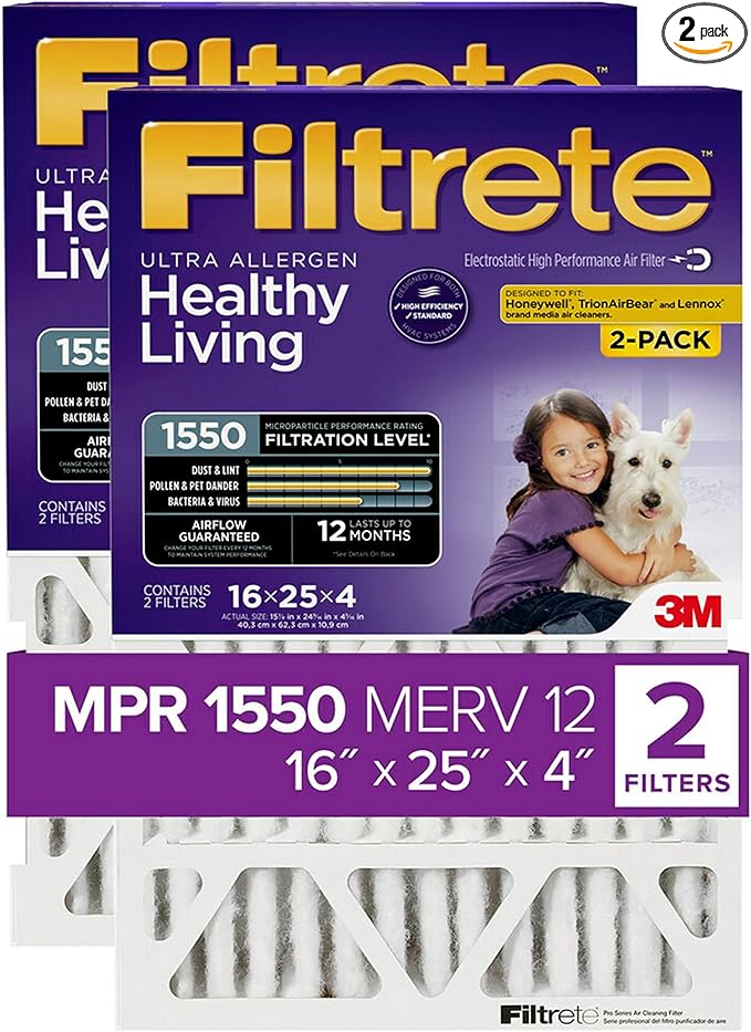 Filtrete 16x25x4(SlimFit), AC Furnace Air Filter, MPR 1550 DP, Healthy Living Ultra Allergen Deep Pleat, 2-Pack (actual dimensions 15.5 x 24.5 x 3.75)