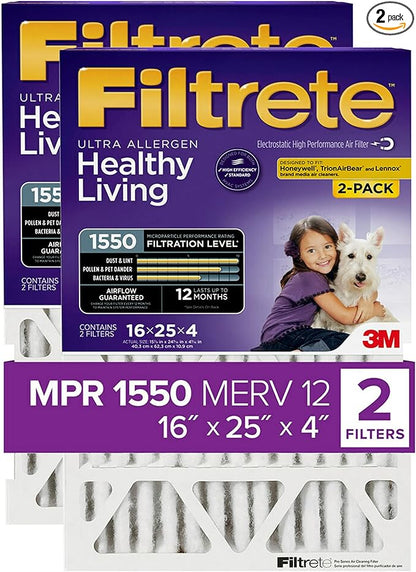 Filtrete 16x25x4(SlimFit), AC Furnace Air Filter, MPR 1550 DP, Healthy Living Ultra Allergen Deep Pleat, 2-Pack (actual dimensions 15.5 x 24.5 x 3.75)
