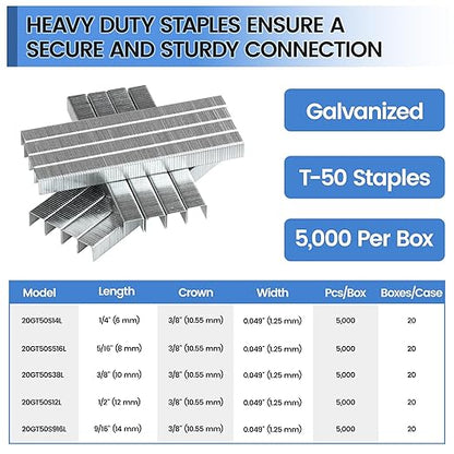 meite T-50 Staples, 5/16 Inch Heavy Duty Staples for Staple Gun, Galvanized 20 Gauge 3/8 Inch Crown Staple for Upholstery, Construction, Furniture (5 Boxes)