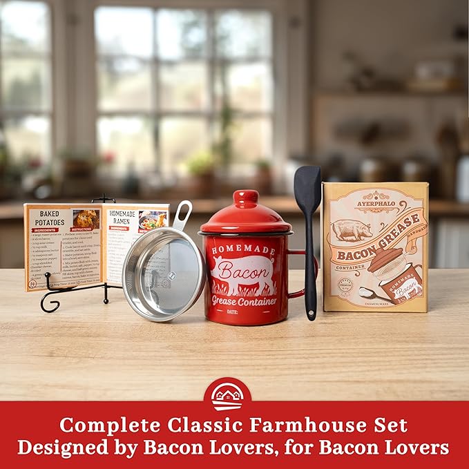 Bacon Grease Container with Strainer - With Food-Grade Silicone Spatula, 24oz Enamel Rustic Farmhouse Fat Container, Keeper, Recipes, Dishwasher Safe