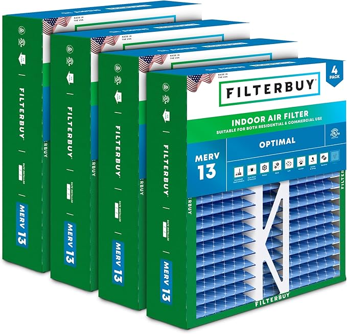 Filterbuy 16x22x5 Air Filter MERV 13 Optimal Smoke & Allergy Defense (4-Pack), Pleated HVAC AC Furnace Filters for Amana, Coleman, Goodman, York, and More (Actual Size: 15.38 x 21.88 x 5.25)
