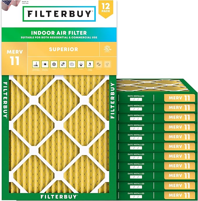 Filterbuy 10x20x1 Air Filter MERV 11 Superior Pet & Allergy Defense (12-Pack), Electrostatic Pleated HVAC AC Furnace Filters Replacement, Made in USA (Actual Size: 9.50 x 19.50 x 0.75)