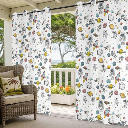 Cartoon Space Outdoor Curtains for Patio Astronauts Spacecraft Rockets Waterproof Outside Curtains with Grommet Top Weatherproof Curtain for Cabana Pergola Gazebo, 1 Panel, 54" W x 95" L