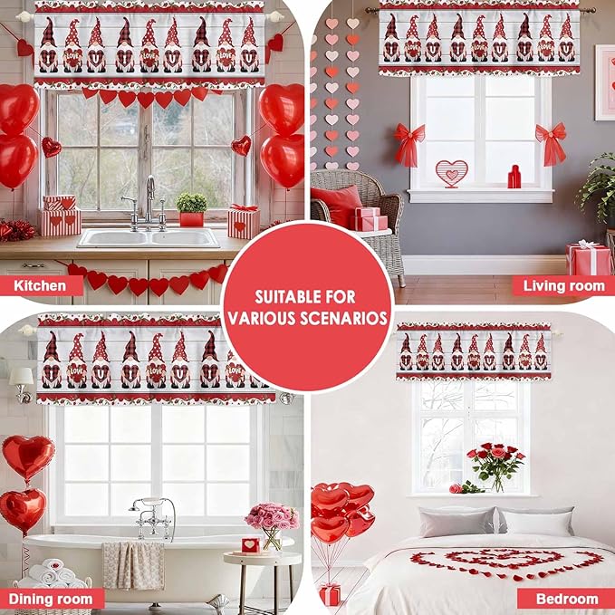 I Love U Valance Curtains for Kitchen, Valentine's Day Dwarf Romantic Wood Grain Privacy Rod Pocket Valance Curtain, Light-Filtering Window Treatment for Bedroom Bathroom, 42"x18"
