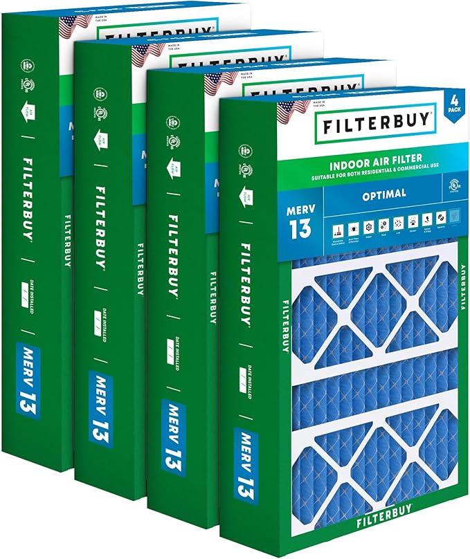 Filterbuy 15.75x27.63x3.50 Air Filter MERV 13 Optimal Smoke & Allergy Defense (4-Pack), Pleated HVAC AC Furnace Filters for AprilAire Space-Gard 104 & 2140 (Actual Size: 15.69 x 27.56 x 3.50)