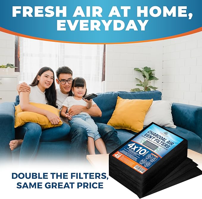 Activated Carbon Air Vent Filters for Home - 4" x 10" Dust Control - Air Filter Freshener for Home Vents to Purify Indoor Air and Homes - Register Filters for Floor Vents (48-Pack)