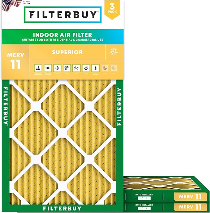 Filterbuy 13.5x29.5x1 Air Filter MERV 11 Superior Pet & Allergy Defense (3-Pack), Electrostatic Pleated HVAC AC Furnace Filters Replacement, Made in USA (Actual Size: 13.50 x 29.50 x 0.75)
