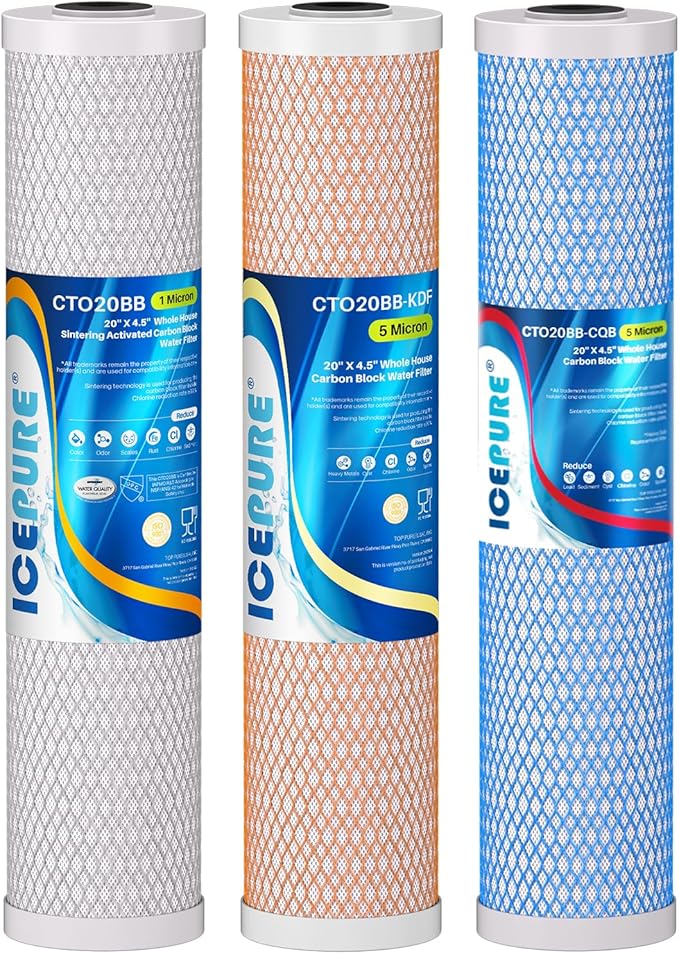 ICEPURE 4.5" x 20" Whole House CTO Carbon Water Filter, Activated Carbon Block, KDF Cartridge and Activated Carbon Lead Remove Filter Replacement Set for 3-Stage Water Filter System, Pack of 1