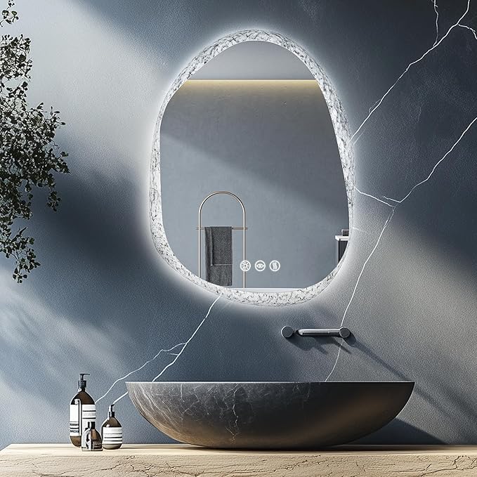 LUVODI Lighted LED Bathroom Mirror: 32”x24”Irregular Stone Pattern Frosted Wall Vanity Mirror with Bright Back Lit - Smart Dimmable Mirror Anti Fog with Touch Switch for Restroom Bedroom Living Room