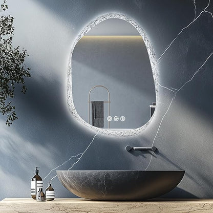 LUVODI Lighted LED Bathroom Mirror: 32”x24”Irregular Stone Pattern Frosted Wall Vanity Mirror with Bright Back Lit - Smart Dimmable Mirror Anti Fog with Touch Switch for Restroom Bedroom Living Room