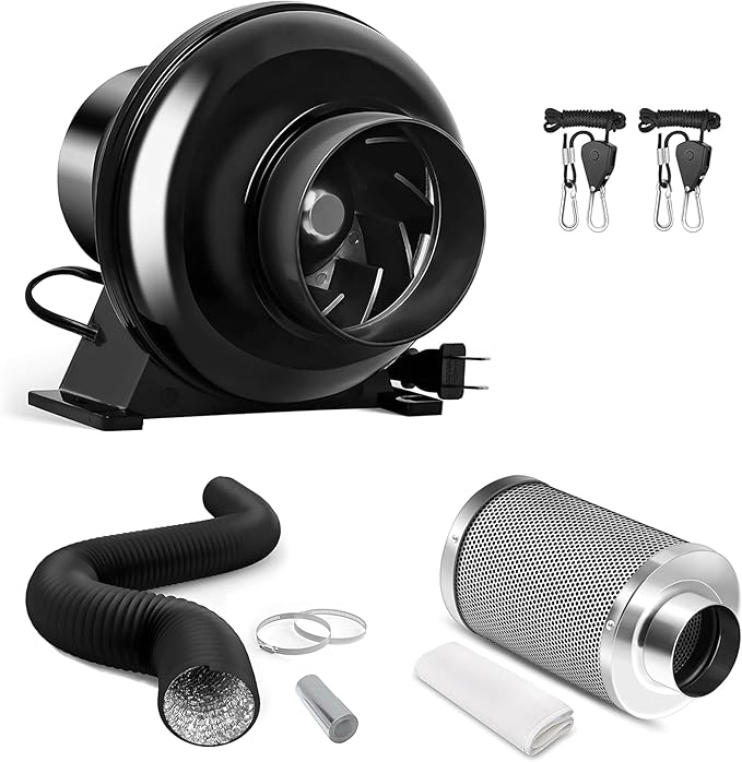 iPower 4 Inch 195 CFM Inline Fan, Air Carbon Filter, 8 Ft Al Foil Ducting, Speed Controller and Rope for Grow Tent, Ventilation & HVAC Heating Cooling
