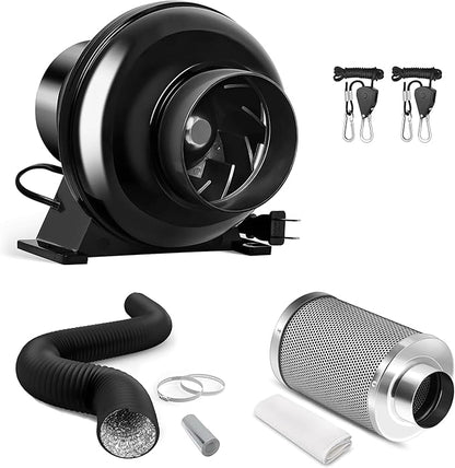 iPower 4 Inch 195 CFM Inline Fan, Air Carbon Filter, 8 Ft Al Foil Ducting, Speed Controller and Rope for Grow Tent, Ventilation & HVAC Heating Cooling