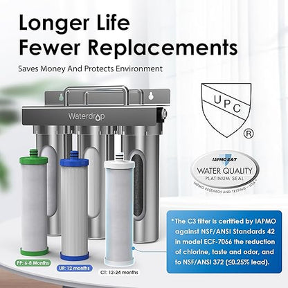 Waterdrop TST-UF 0.01μm Ultra-Filtration Under Sink Water Filter System, Stainless Steel Water Filter for Sink, 5X Service Life Under Sink Water Filtration System, Removes 99% of Substances