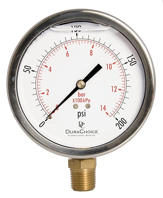 4" Oil Filled Pressure Gauge - Stainless Steel Case, Brass, 1/2" NPT, Lower Mount Connection, 0-200PSI