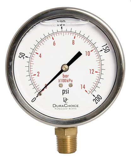 4" Oil Filled Pressure Gauge - Stainless Steel Case, Brass, 1/2" NPT, Lower Mount Connection, 0-200PSI