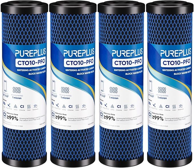 1 Micron 2.5" x 10" Whole House CTO Carbon Water Filter Cartridge Replacement for Under Sink Water Filter System, Dupont WFPFC8002, WFPFC9001, FXWTC, SCWH-5, WHEF-WHWC, WHCF-WHWC, AMZN-SCWH-5,4Pack