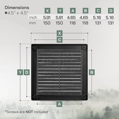 Vent Systems 4.5" x 4.5" Inch (Opening Dimensions) - Pack of 5 - Plastic Black Soffit Vent Cover - Flat Square Air Vent Grille - Air Vent Deflector - HVAC 5.9" x 5.9" Inch (Overall Dimensions)