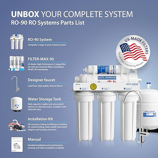 APEC Water Systems RO-90 Ultimate Series Top Tier Supreme Certified High Output 90 GPD Ultra Safe Reverse Osmosis Drinking Water Filter System, Chrome Faucet