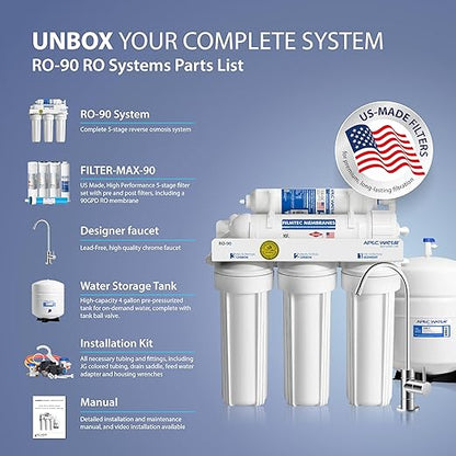 APEC Water Systems RO-90 Ultimate Series Top Tier Supreme Certified High Output 90 GPD Ultra Safe Reverse Osmosis Drinking Water Filter System, Chrome Faucet
