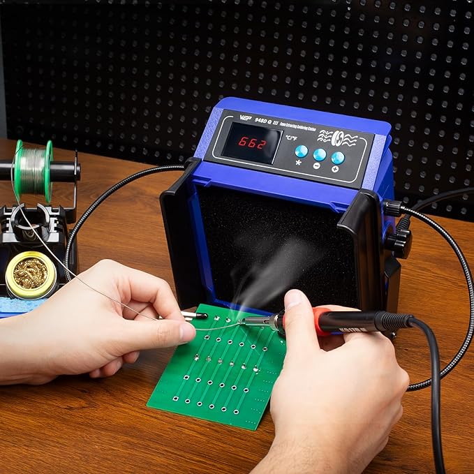 WEP 948DQ-III Fume Extractor Double Filtering with 110W Soldering Iron Station 2-in-1 Solder Smoke Absorber, with PID Control, ℉/℃, Sleep Mode, Tip Cleaner, 3 Soldering Tips, 35g Solder