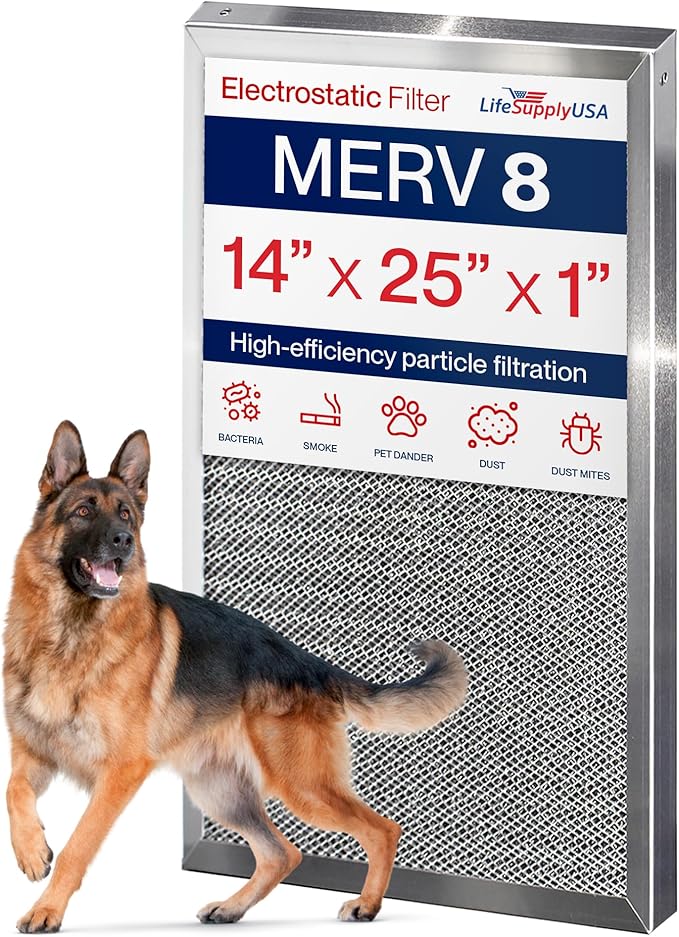 14x25x1 Electrostatic Air Filter, MERV 8, Washable, Reusable Furnace AC/HVAC Filter, Energy Saving, Easy to Clean, Long-Lasting by LifeSupplyUSA