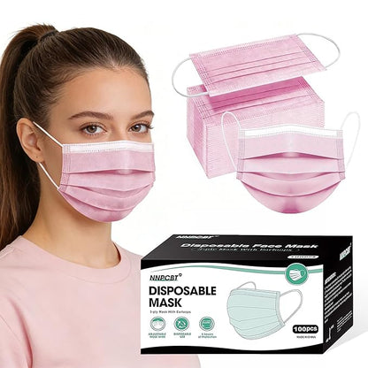 NNPCBT Pink Disposable Face Masks 100 Pack,3-Ply Breathable Mask For Adults,Great For Outdoors,Home, Office, School