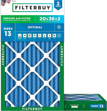 Filterbuy 20x36x2 Air Filter MERV 13 Optimal Smoke & Allergy Defense (2-Pack), Electrostatic Pleated HVAC AC Furnace Filters Replacement, Made in USA (Actual Size: 19.50 x 35.50 x 1.75)