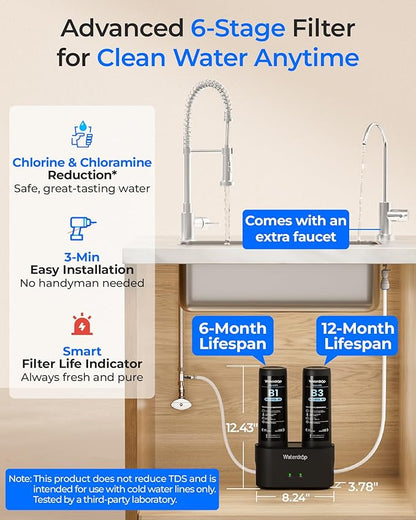Waterdrop DLB Under Sink Water Filter, Reduces Chlorine, Chloramine, PFAS, Bad Taste, Under Sink Water Filtration System with Separate Faucet,Water Filter for Sink Faucet,Life Indicator, Quick Change