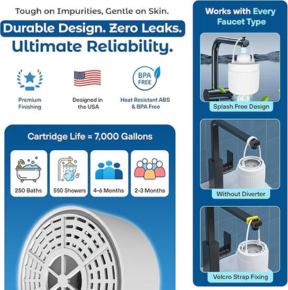 17-STAGE Bath Filter for Tub with Premium Design & Leak-Proof, 7000-Gallon Long-Life Cartridge with Vitamins C & E + Essential Minerals Removes Chlorine and Softens Hair, Skin & Nails | Patent Pending