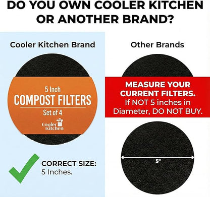 Cooler Kitchen 5 Inch Round - 4 Pack Activated Charcoal Compost Bin Filter - 5 Inch Activated Charcoal Filters - Odor Absorbing Home Replacement Carbon Compost Filters for Countertop Bin - Check Size