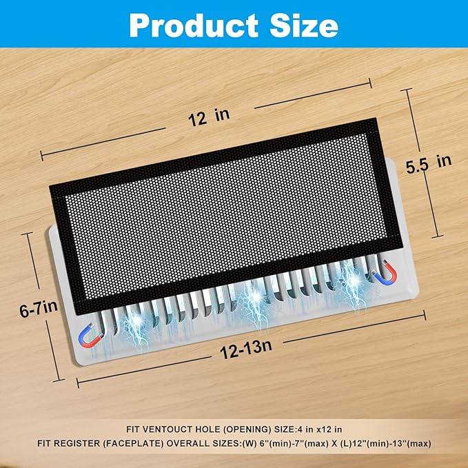 6-Pack Black Magnetic Vent Covers 5.5x12 Inch - Universal Fit for Floor, Wall & Ceiling Registers (6"-7" Width x 12"-13"Length) | High Airflow Mesh Design | Tool-Free Easy Installation