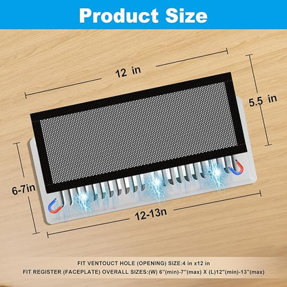 6-Pack Black Magnetic Vent Covers 5.5x12 Inch - Universal Fit for Floor, Wall & Ceiling Registers (6"-7" Width x 12"-13"Length) | High Airflow Mesh Design | Tool-Free Easy Installation