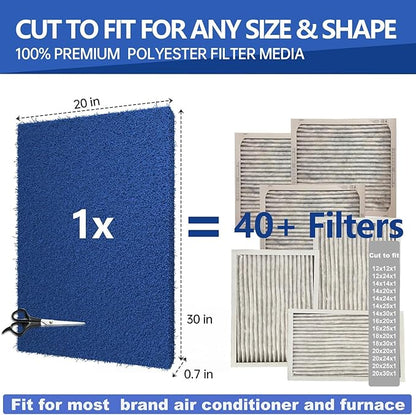 Reusable Air Filter 20x30x0.5,2 Packs Cut to Fit Furnace Filters,MERV 6 Electrostatic Washable Air Filter for HVAC,Mobile,Replacement Air Conditioner Filters,24 PCs Hooks